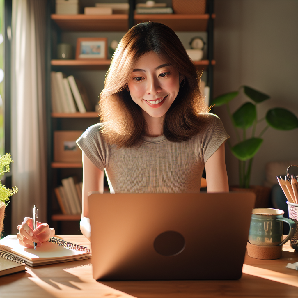 A person working from home on a laptop, engaged in online chatting in a cozy home office.