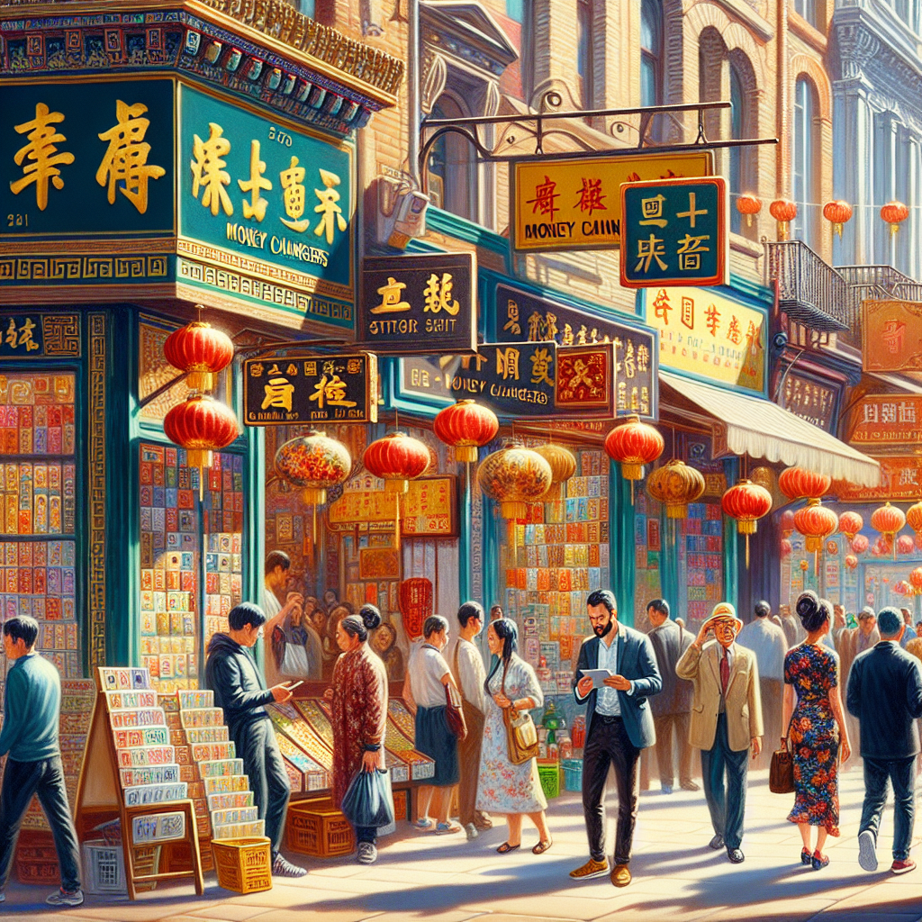 A busy Chinatown street with money changers, cultural decorations, and diverse pedestrians.