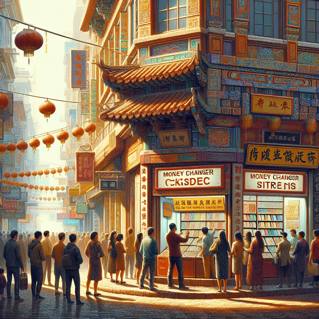 A bustling Chinatown street with money changer kiosks and vibrant storefronts.