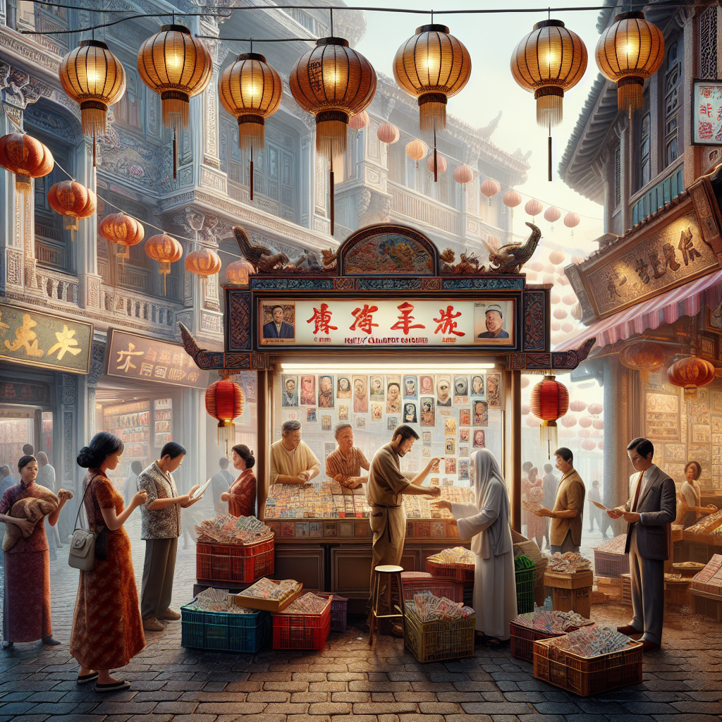 A vibrant and bustling Chinatown street with a prominent money changer kiosk surrounded by market stalls and traditional lanterns.