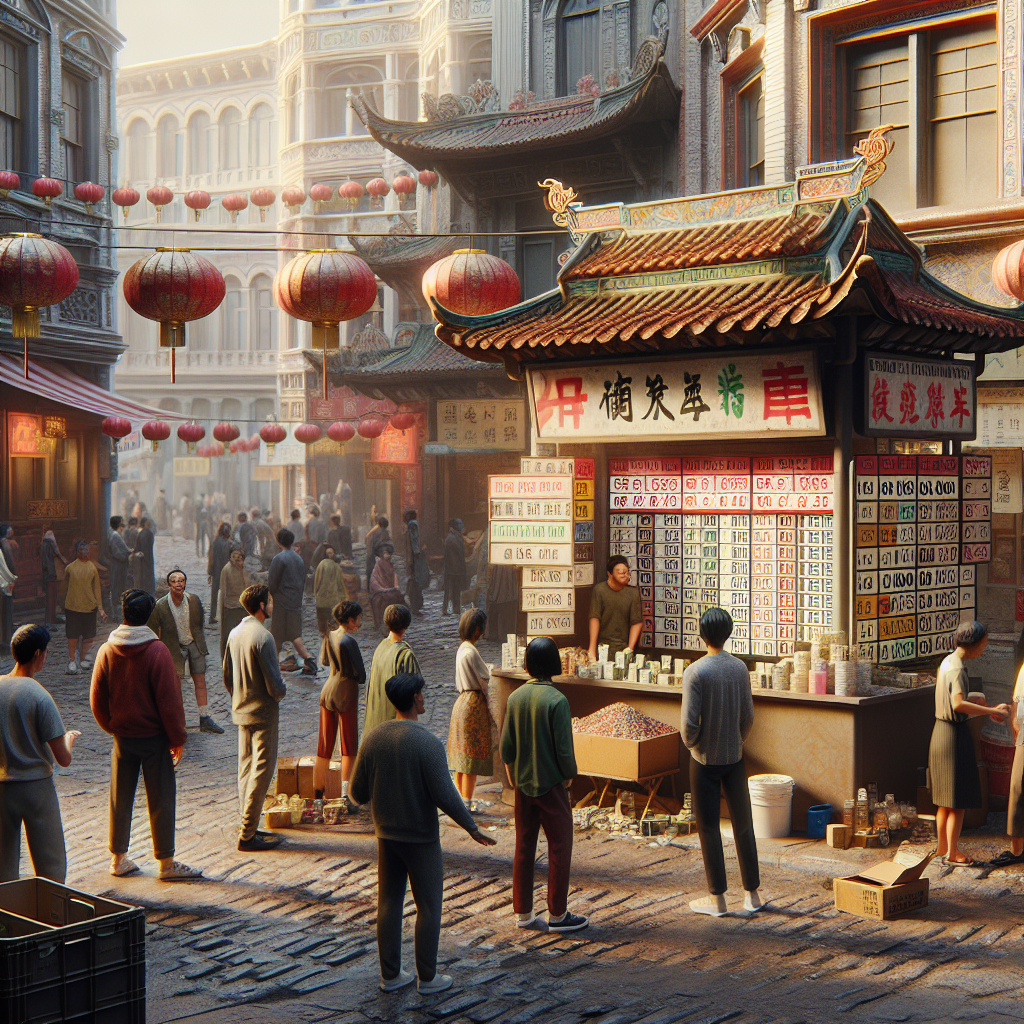 A bustling street scene in Chinatown with a money changer's stand.