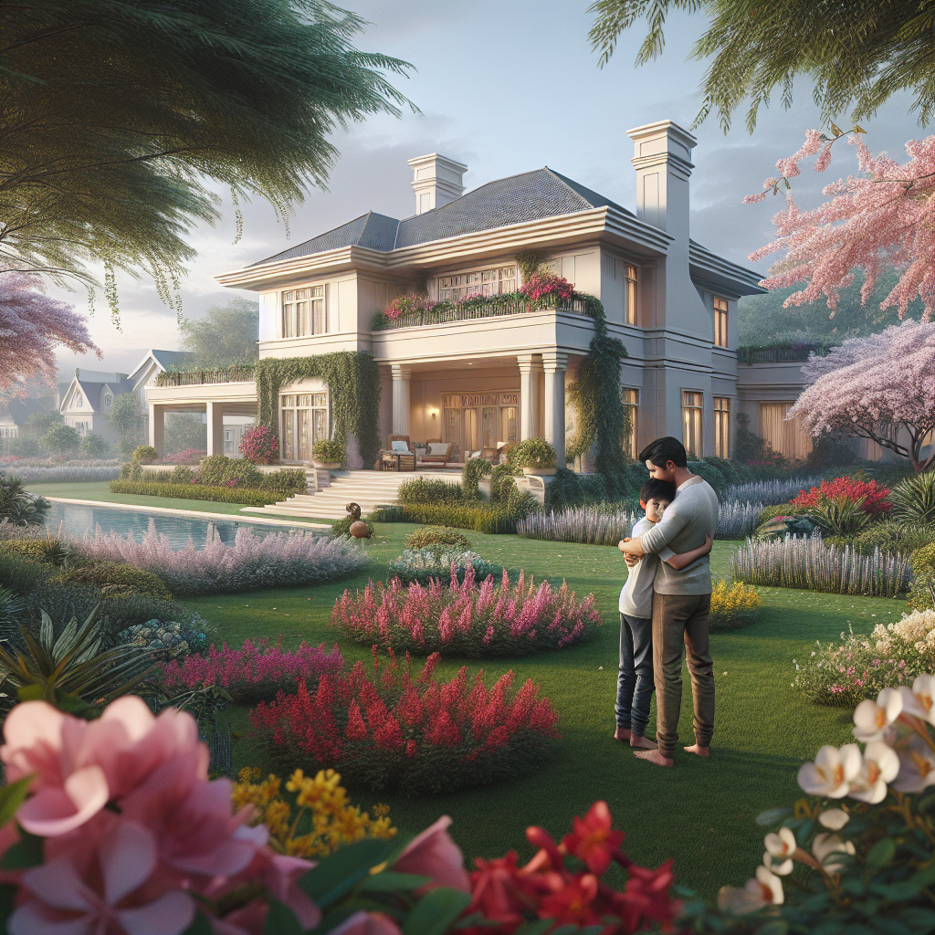 A grand home with a lush garden next to a child hugging their parent, highlighting love over material wealth.