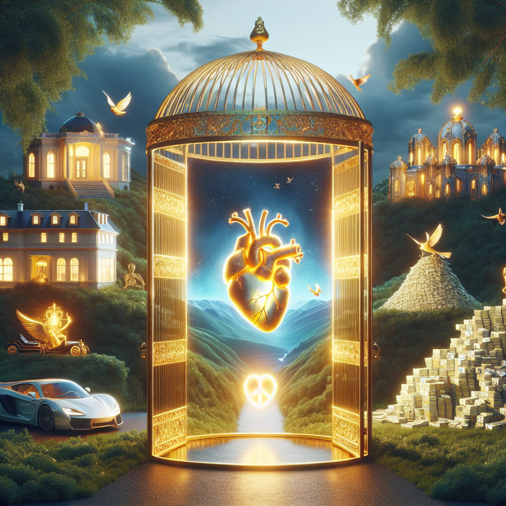 A symbolic depiction showing a golden cage with glowing symbols of love and peace inside, surrounded by luxurious items, illustrating the limitations of money.