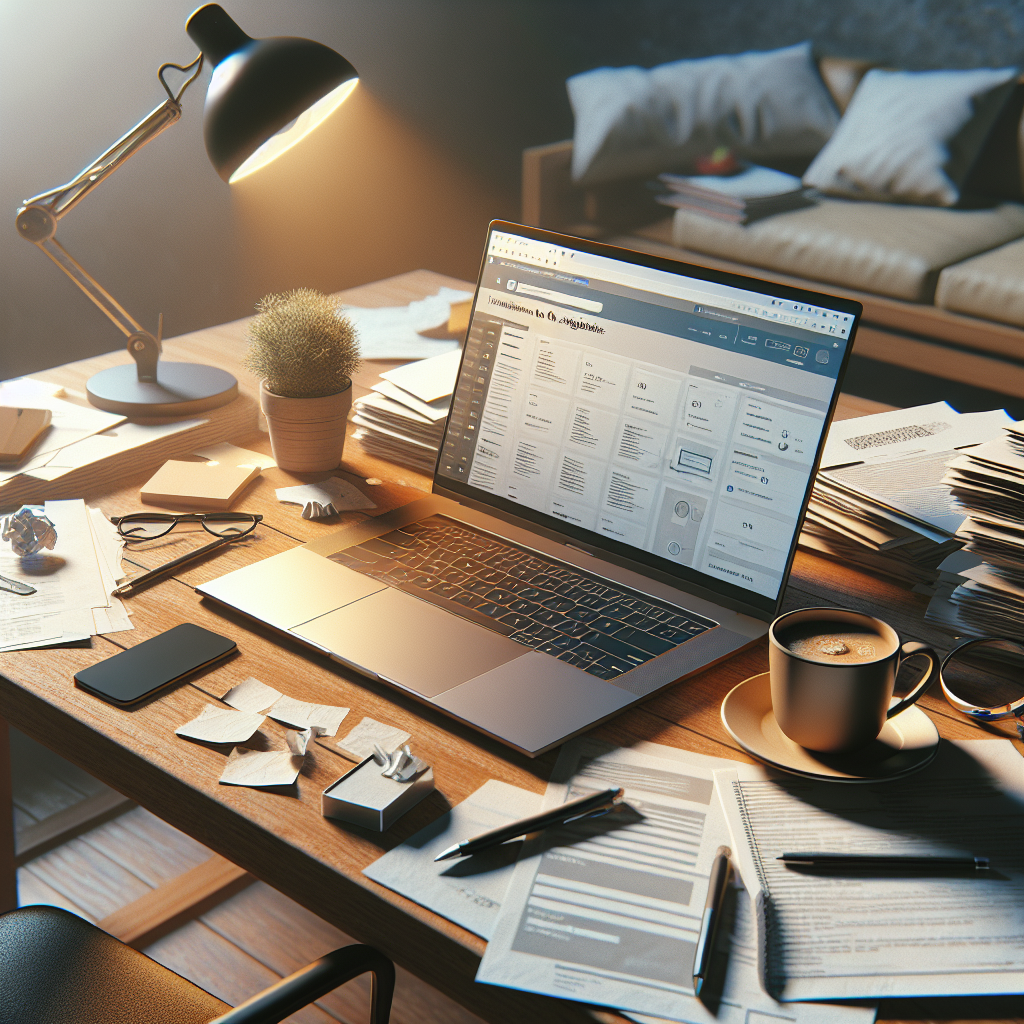 A cozy home office setup with a laptop, paperwork, and coffee cup, representing online assignments.