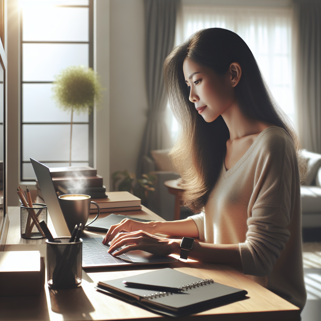 A person working on a laptop at home in a cozy, warmly lit room.