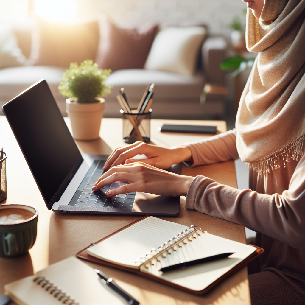 A person working on a laptop at a tidy home desk with natural lighting.