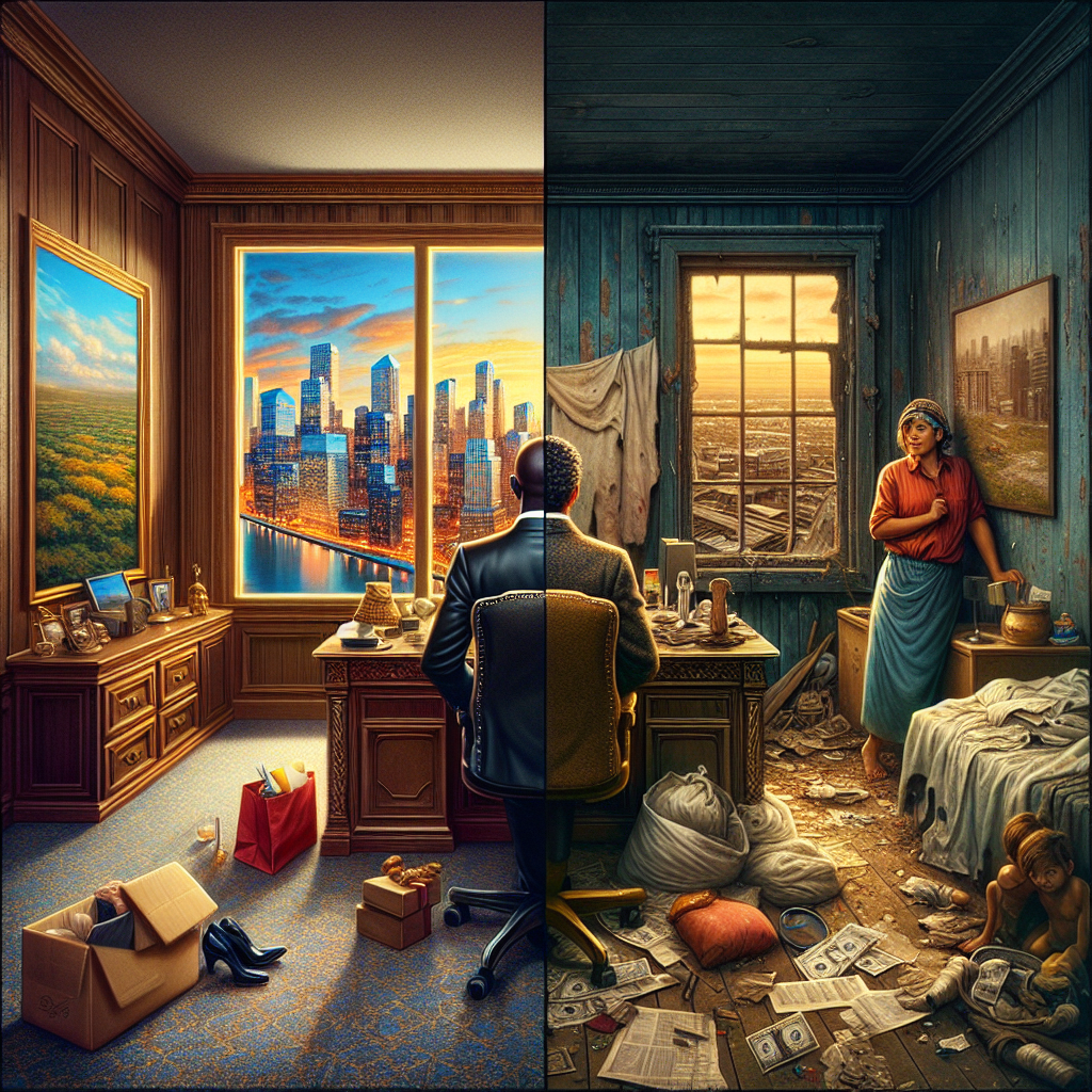 Image of income inequality showing a wealthy businessman in a luxurious office and a struggling worker in a modest room.