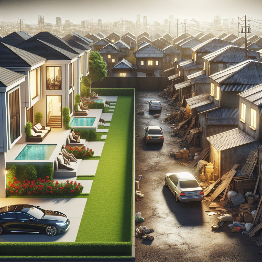 A realistic depiction of income inequality showing a stark contrast between a wealthy and a poor neighborhood.