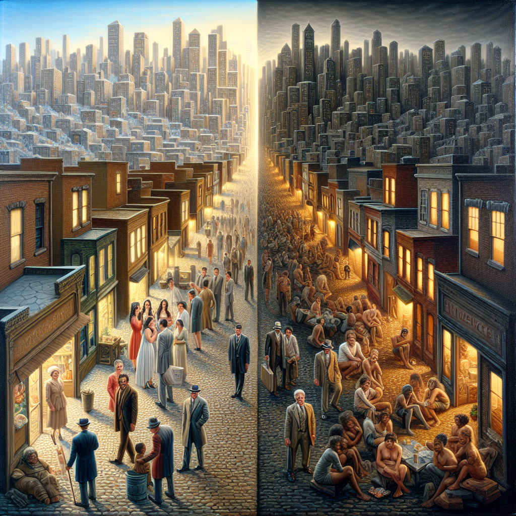 A realistic image depicting income inequality in an urban setting with a stark contrast between wealth and poverty.