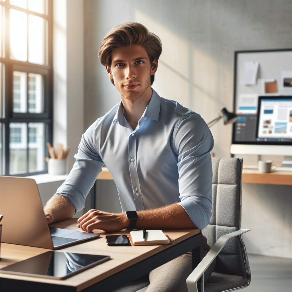 A young professional working on quick money-making strategies in a modern home office.