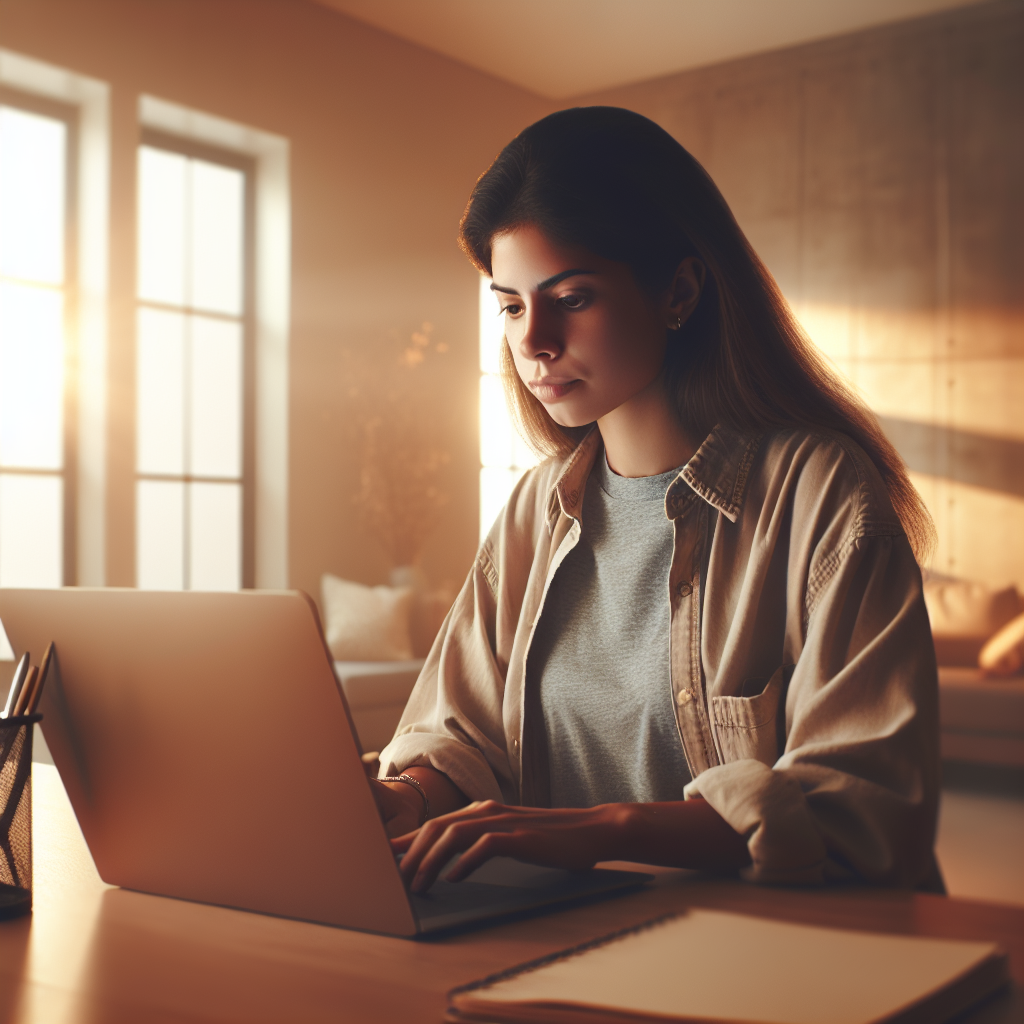 A young person working on a laptop in a cozy, modern room with soft natural light.