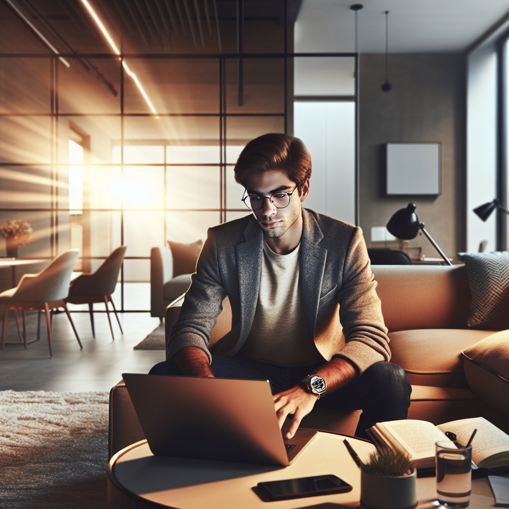 A realistic depiction of a modern young adult working on a laptop in a contemporary home office, emphasizing digital work for quick earning opportunities.