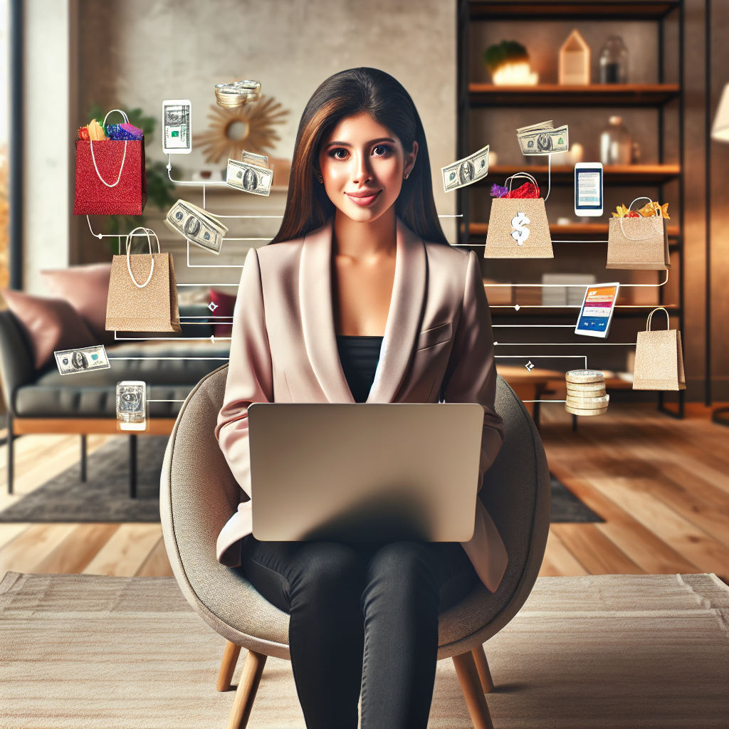 A professional woman in a modern living room using a laptop, symbolizing online money-making.