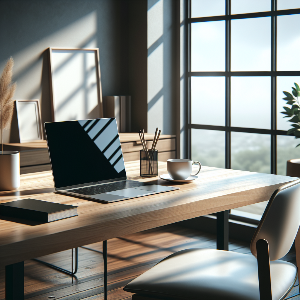 A modern home office setup with a laptop, desk, chair, and coffee cup near a large window.