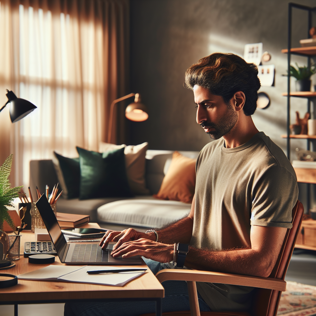 A person working from home on a laptop, highlighting online typing jobs in a cozy, modern home office.