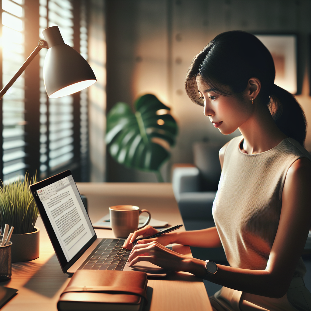 A person working at a desk in a modern home office with a laptop, coffee, notebook, and plant.