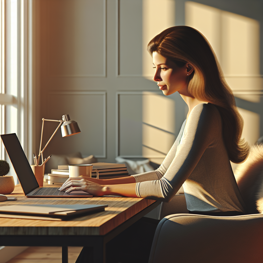 A person working on a laptop at a modern home workspace.