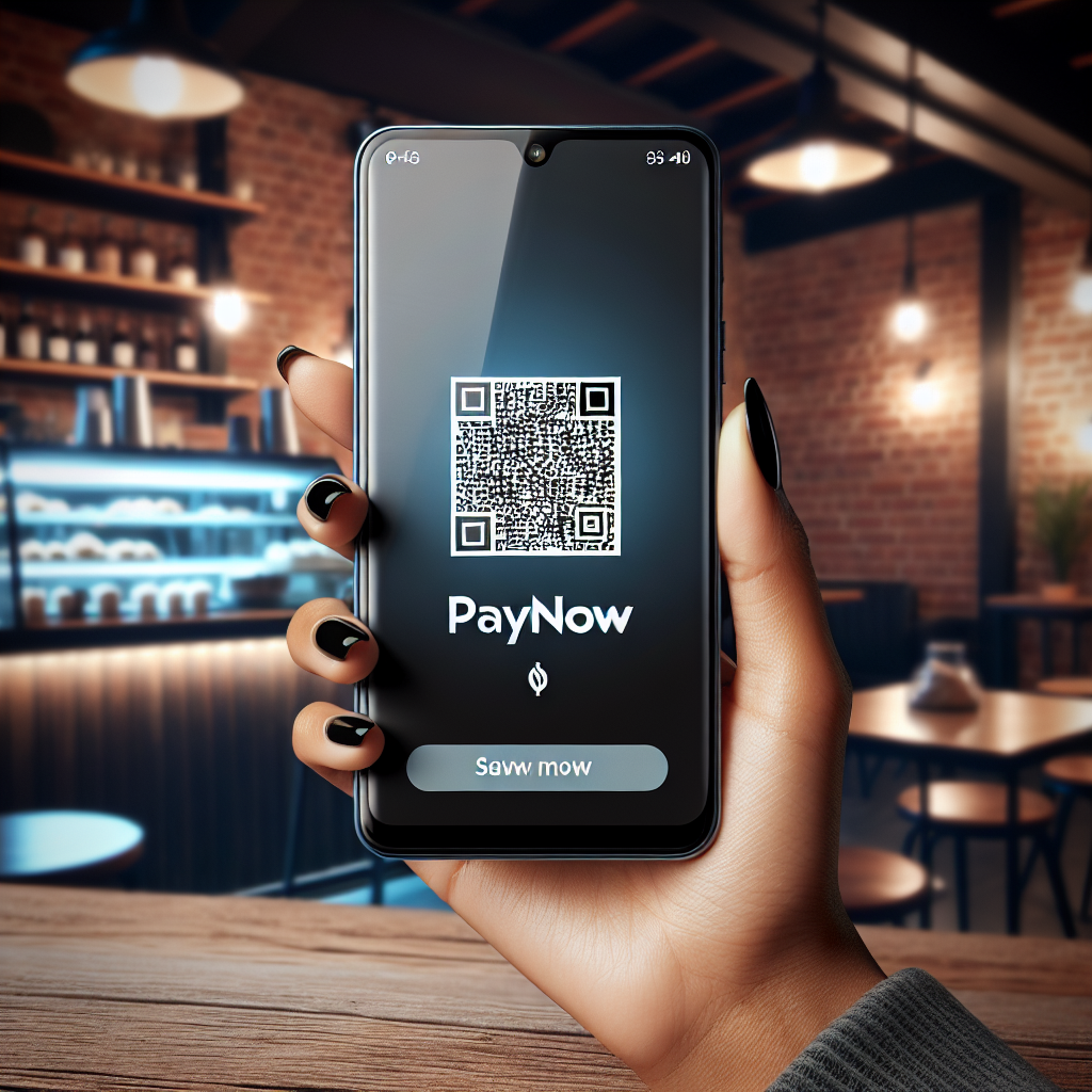 A hand holding a smartphone with a PayNow QR code in a cozy coffee shop.