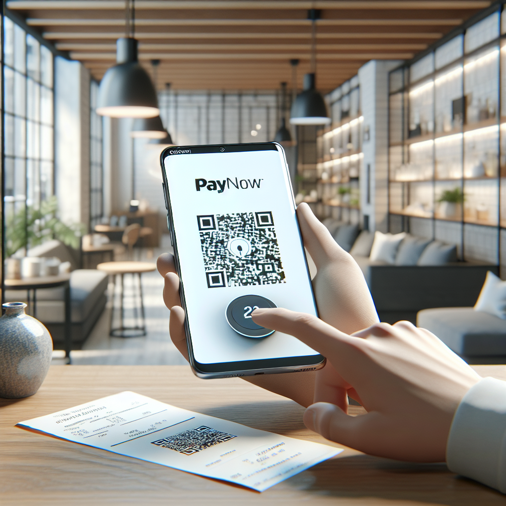 A smartphone scanning a PayNow QR code in a modern, convenient setting.