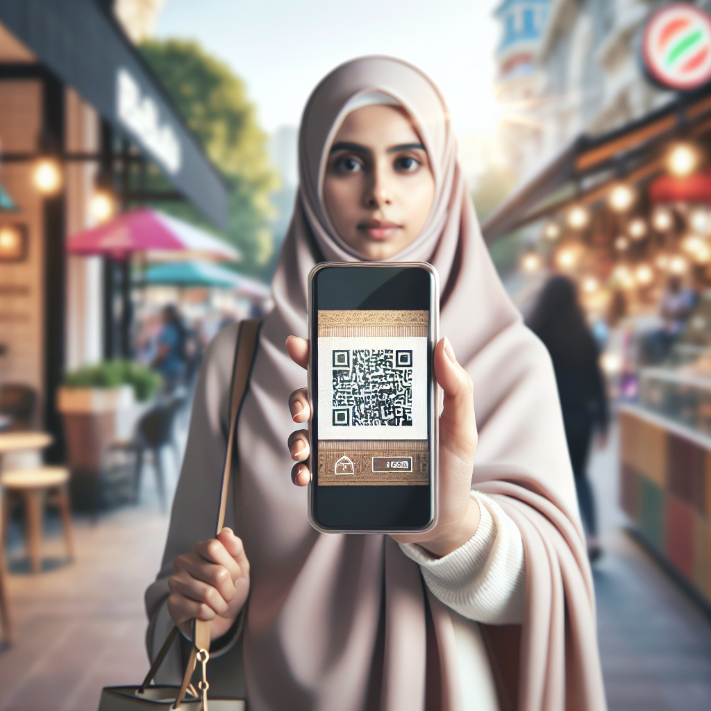 Person using a smartphone to scan a PayNow QR code in a busy urban setting.