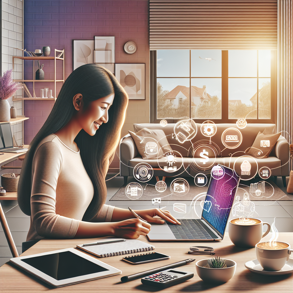 A person working on a laptop in a cozy home office with coffee and gadgets, symbolizing earning money online.