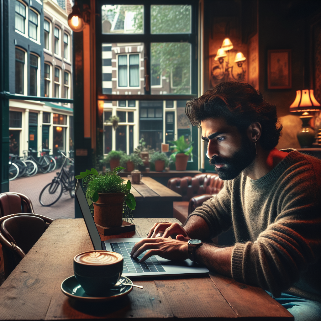 A person working on a laptop in a cozy Dutch café with a cup of coffee on the table.