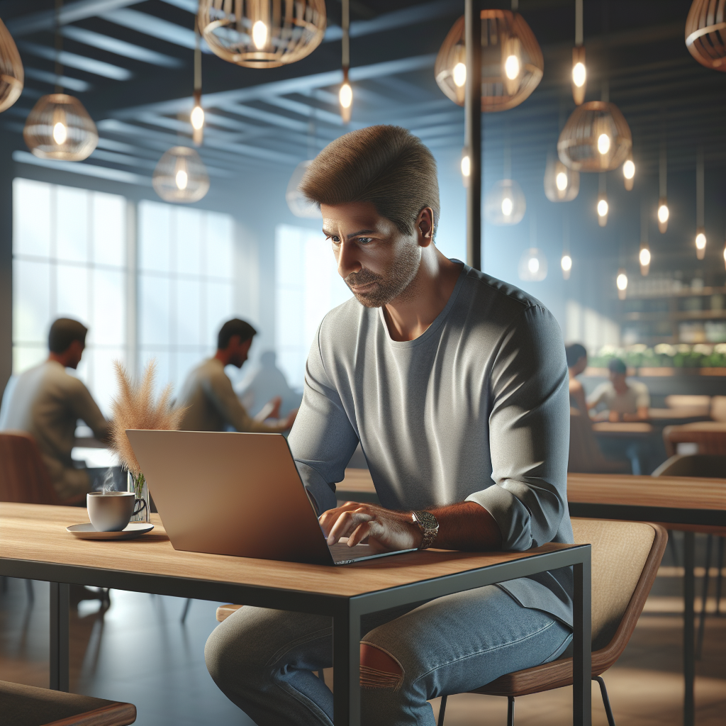 A person working on a laptop at a cozy cafe, with warm lighting and wooden furniture.