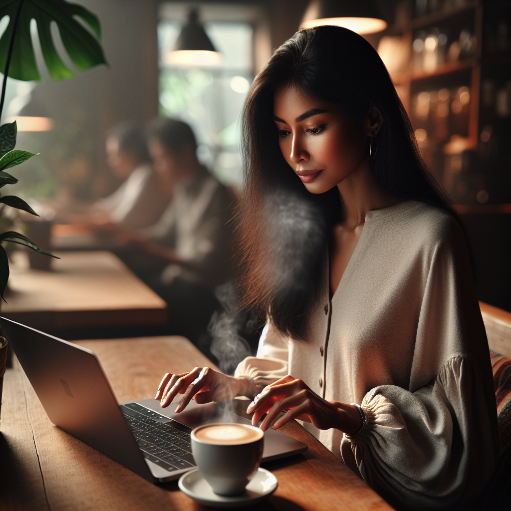 Person working on a laptop in a cozy coffee shop with a cup of coffee nearby.