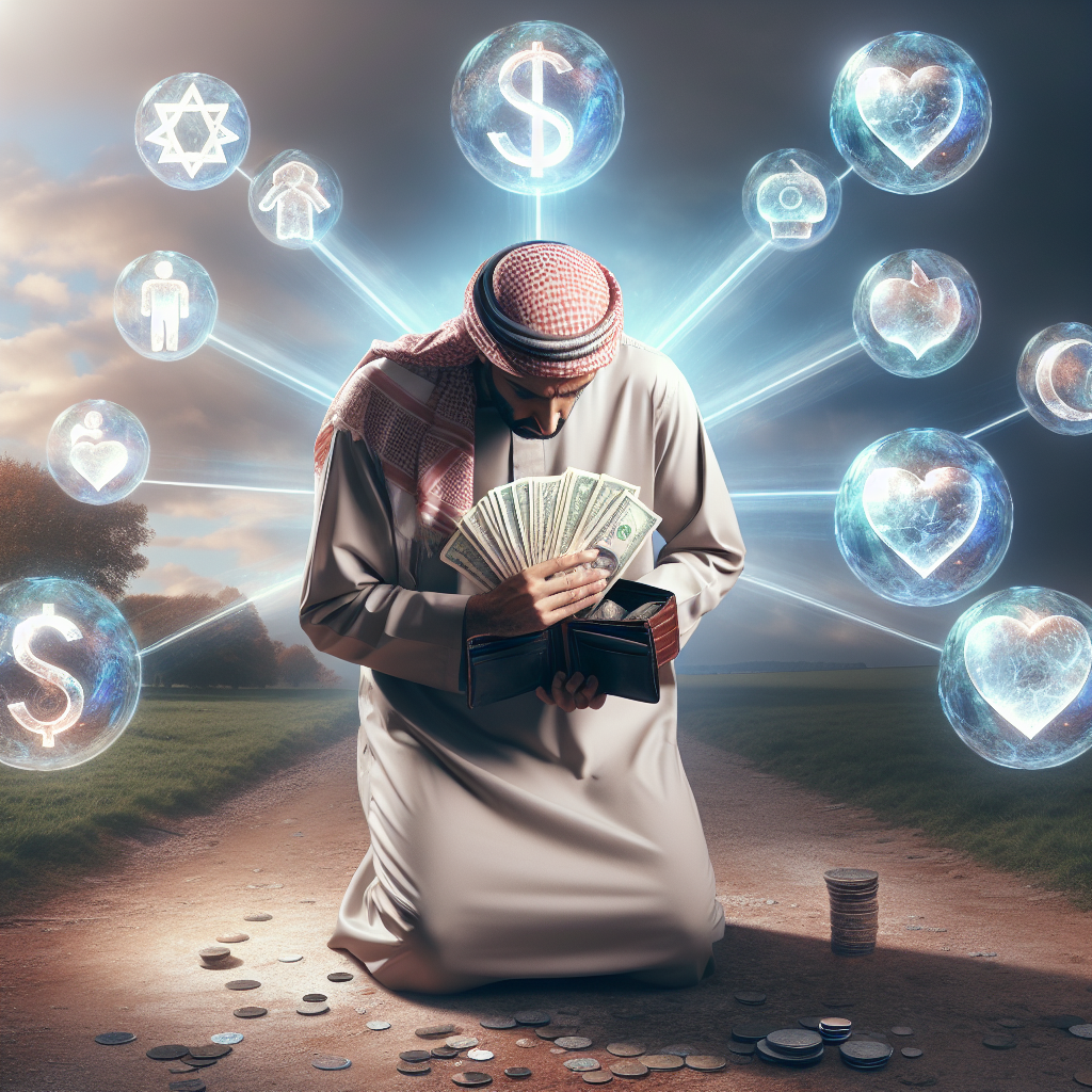 A person with a wallet full of money looking sad, surrounded by intangible symbols of love, friendship, integrity, and happiness in a serene landscape.