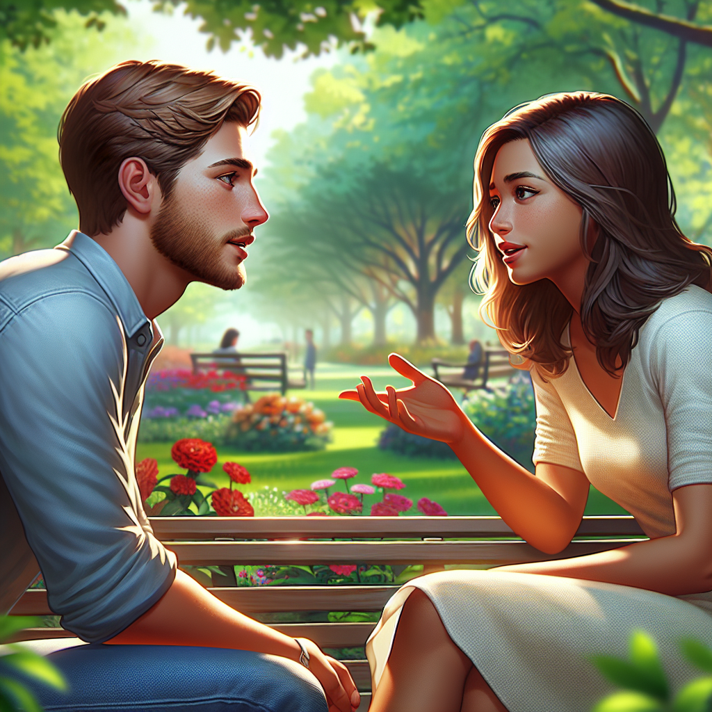 A realistic image of a man and woman having an emotional conversation on a park bench.