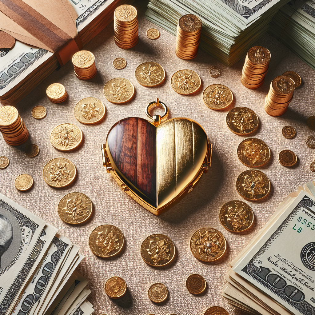 A heart-shaped locket surrounded by money, highlighting the limitations of money in buying love and authenticity.