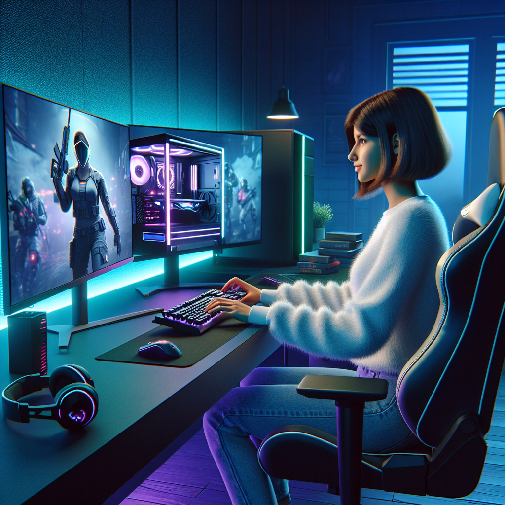 A realistic depiction of a young gamer at a modern gaming setup with dual monitors and ambient LED lighting.