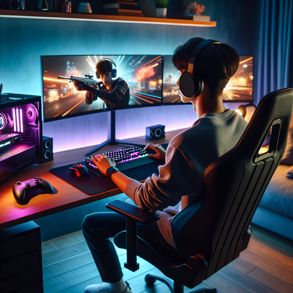 Young adult gamer playing on a modern gaming setup in a cozy room.