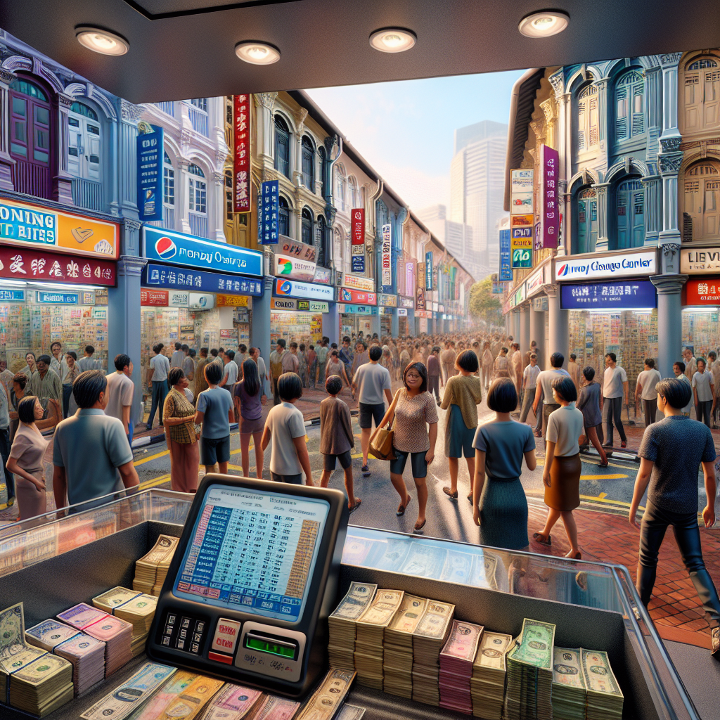 A bustling street in Jurong with money changer shops.