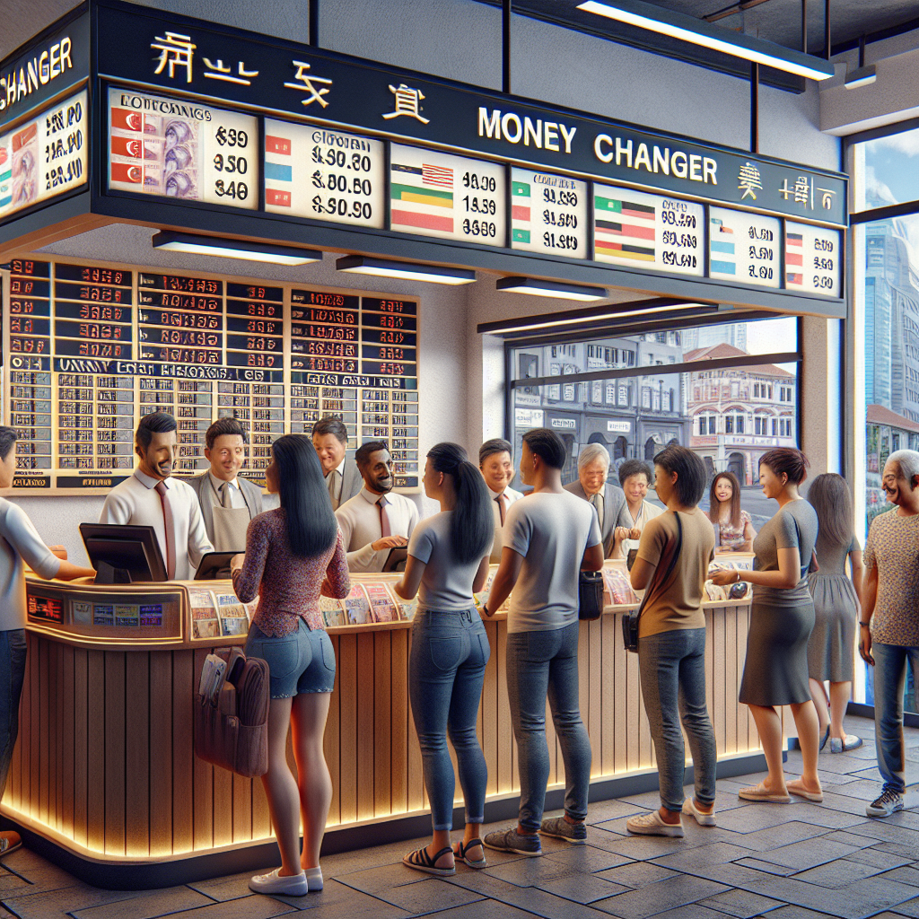 A bustling money changer shop in Jurong with customers and staff.