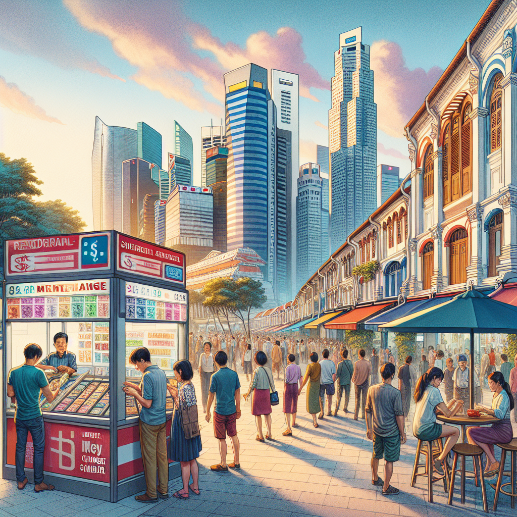 Realistic depiction of Jurong district with a busy street scene and a money changer booth.