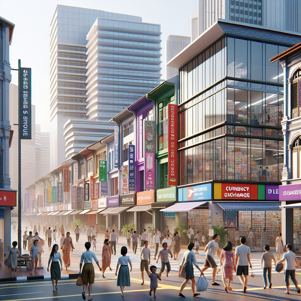 A bustling street in Jurong, Singapore, with diverse people and colorful shops including a money exchange booth.