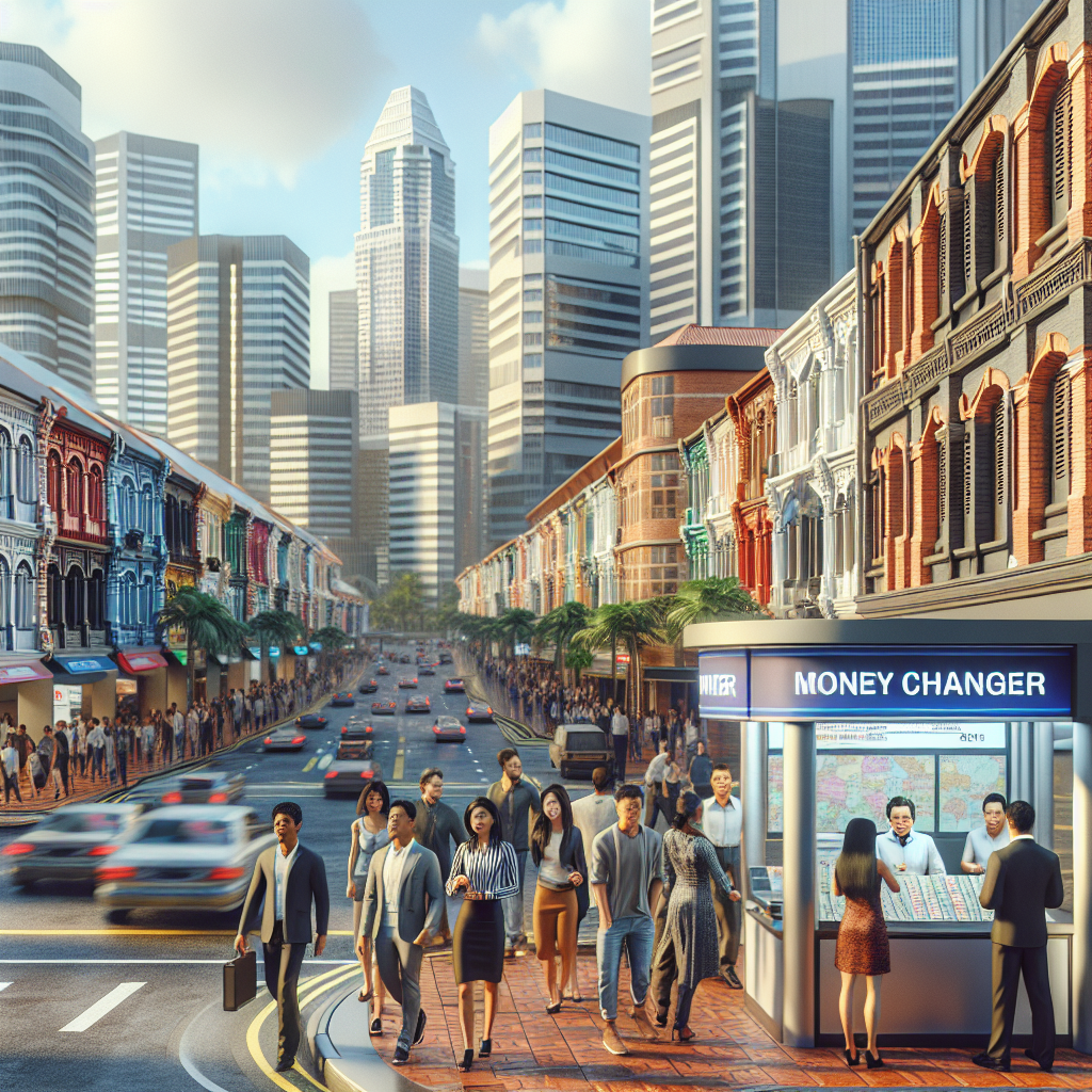 A realistic image of Jurong's commercial district in Singapore with a money changer kiosk.