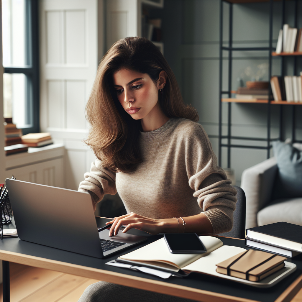 A young woman working at a desk with a laptop in a cozy home office setting.