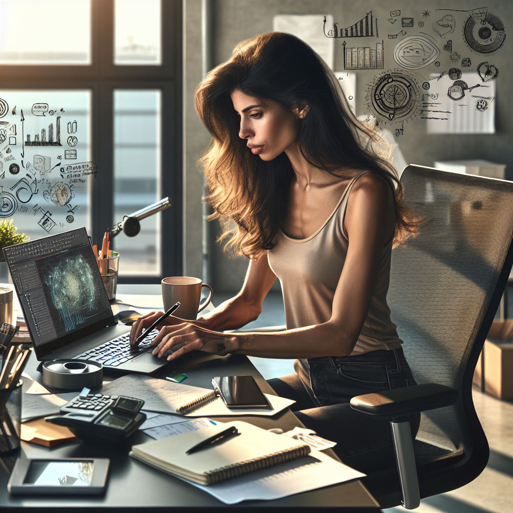 Realistic image of a busy freelancer working at a modern home office with a laptop and various gadgets.