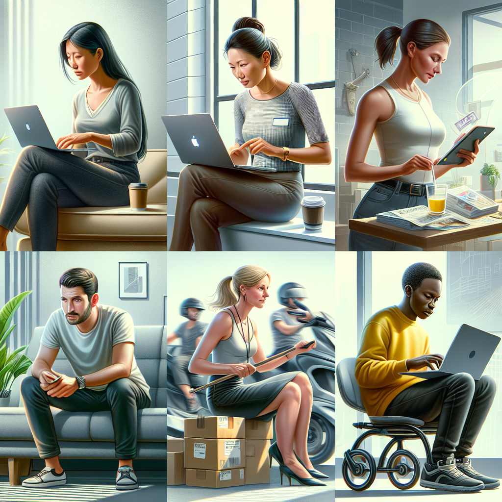 Diverse group of people engaging in quick money-making activities like freelancing, selling items online, and ride-sharing in a realistic, high-definition digital art style.