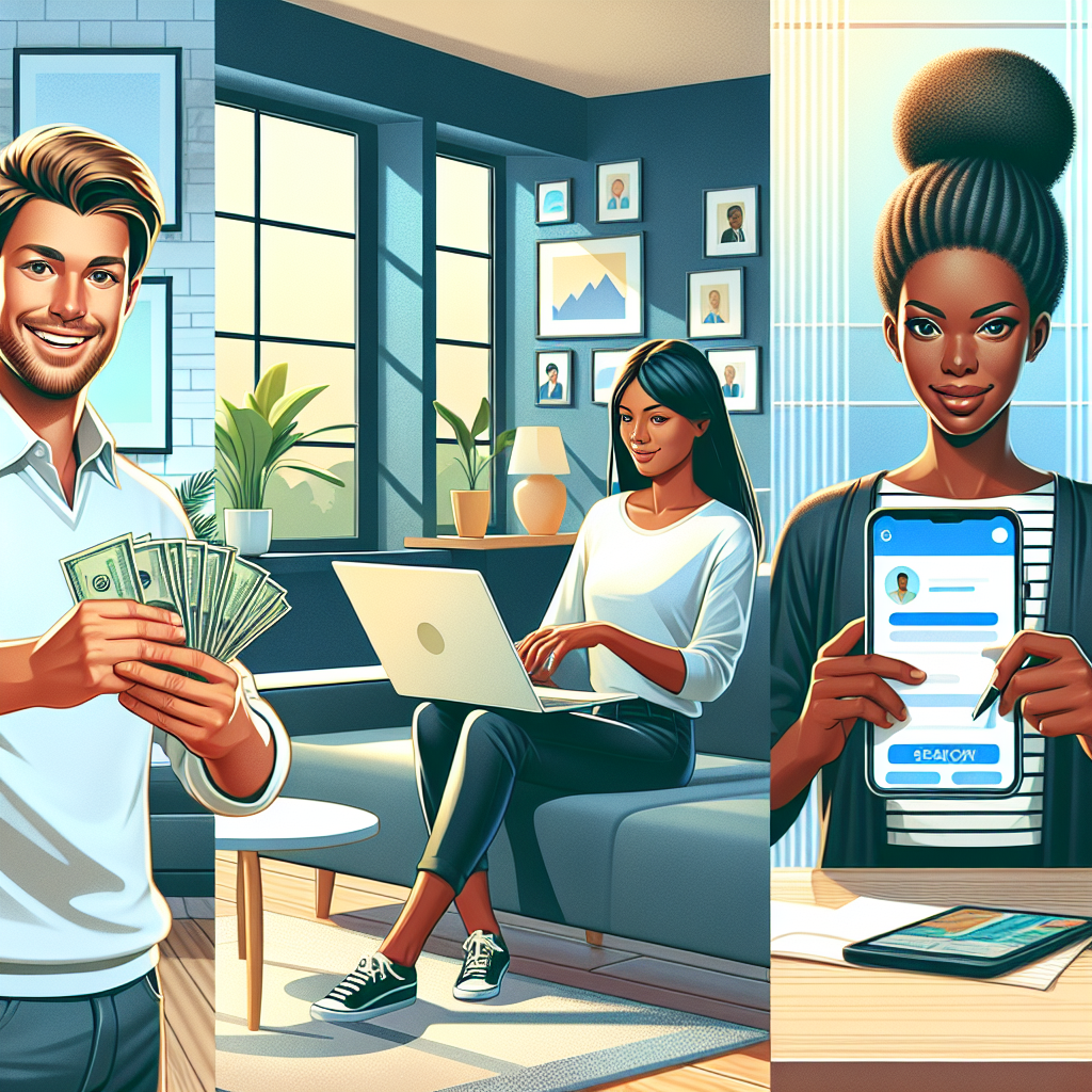 Realistic depiction of various ways to make money quickly including receiving cash, freelancing, and using a financial app.