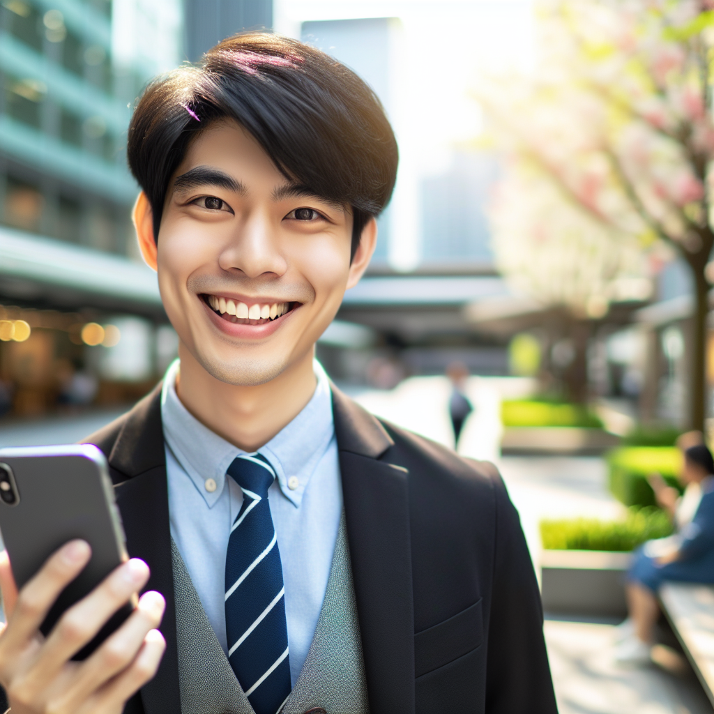 A young professional holding a smartphone, symbolizing fast money-making opportunities, in a lively urban setting.