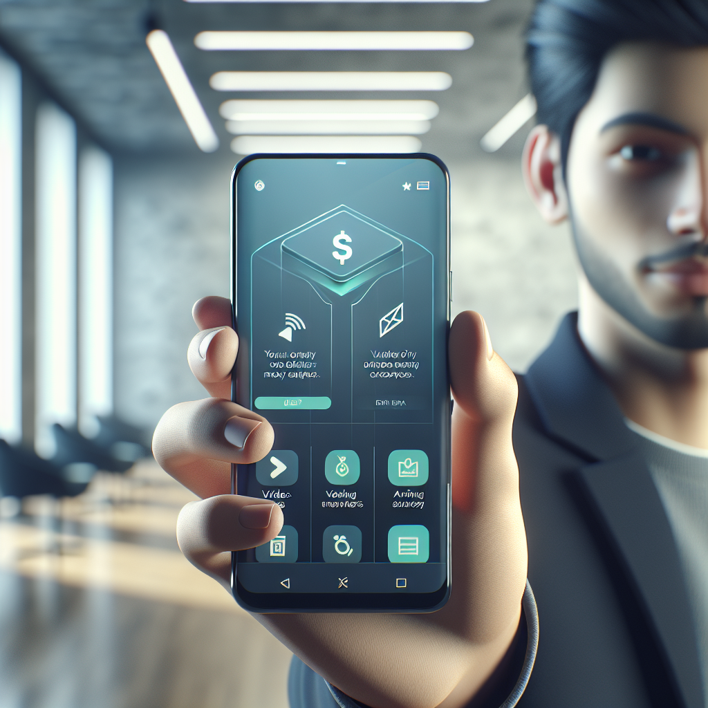 A realistic image of a smartphone displaying an earnings app interface, held by a person in a modern setting.