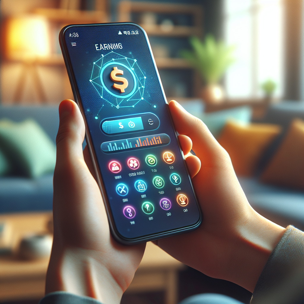 A realistic image of hands holding a smartphone displaying the Cash Rupiyo APK interface in a cozy living room.