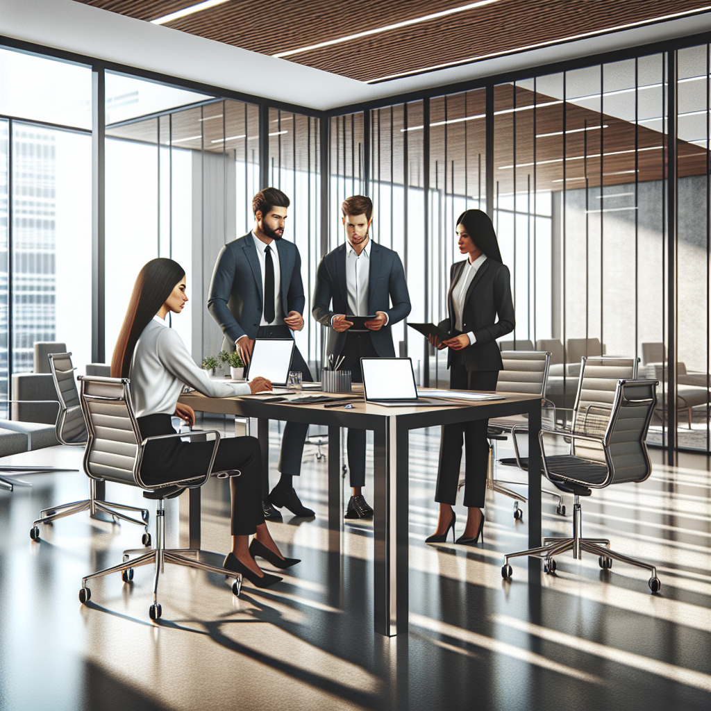 A modern office setting with diverse professionals collaborating around a conference table.