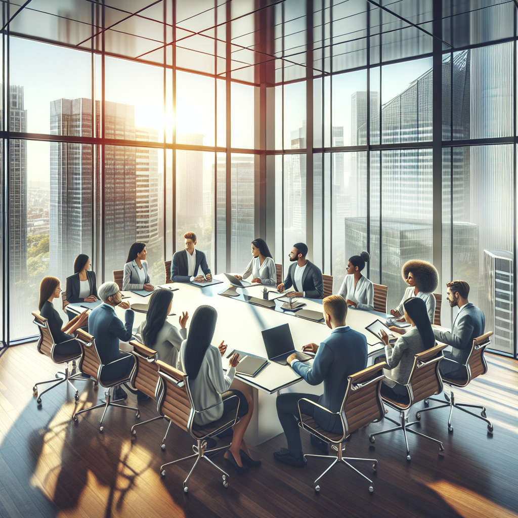 A modern corporate office with a diverse team of professionals in a meeting.