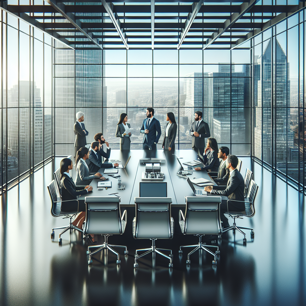 A modern business office with professionals in a meeting.