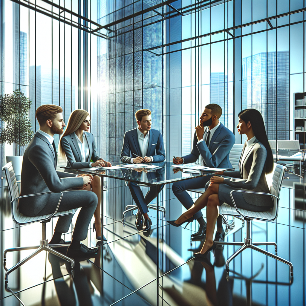 A realistic modern office with a team of professional individuals having a meeting.