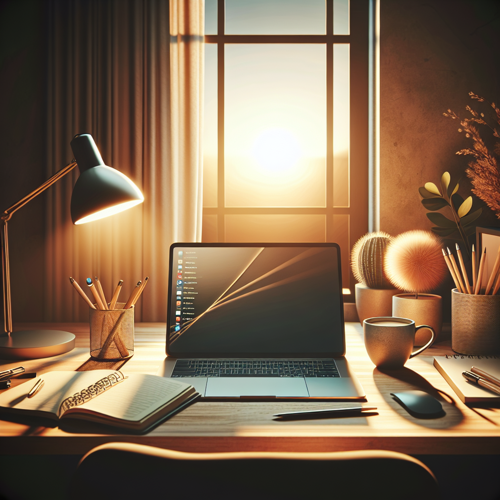 A cozy home office setup with a laptop, desk lamp, and coffee, depicting the concept of earning money online.